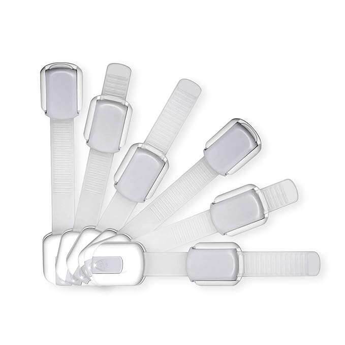 Adjustable & Reusable Child Safety Cabinet Locks & Latches, Baby Proofing Door Window, Cabinet, Toilet, & Refrigerator Lock, Child Safety Strap Locks with Adhesive Pads, Pack of 6, Silver - Wonderkid