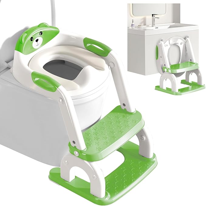 Potty Training Seat with Step Stool for Toddlers - Upgrade 2-in-1 Toilet Seat Toilet Ladder for Kids Children Boys Girls, Anti-Slip Pad & Adjustable Height with Waterproof - Green