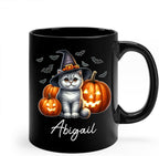 Personalized Name British Shorthair Coffee Mug Gift for Cat Lover, British Shorthair Wearing Witch Hat Black Cup, Custom Cat Pumpkins Halloween Ceramic Cup 11oz 15oz, Pet Owner Halloween Mug