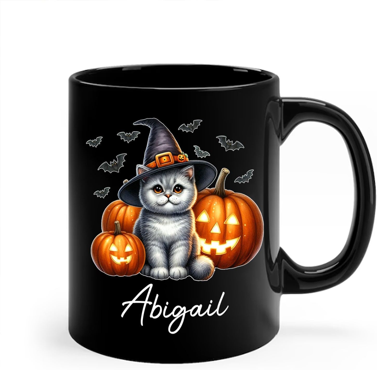 Personalized Name British Shorthair Coffee Mug Gift for Cat Lover, British Shorthair Wearing Witch Hat Black Cup, Custom Cat Pumpkins Halloween Ceramic Cup 11oz 15oz, Pet Owner Halloween Mug