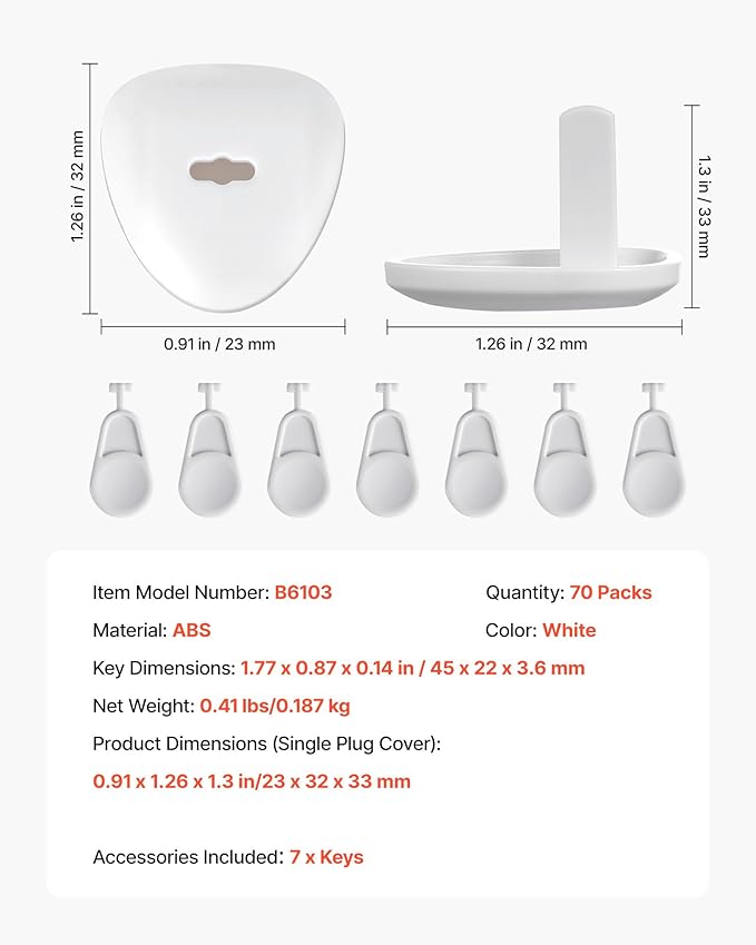 VEVOR Outlet Covers, 70 Pack, Plug Covers for Electrical Outlets, Secure Electric Socket Protector Caps with Shock Prevention, Easy Installation, Insulated ABS, for Home Wall Power Sockets, White