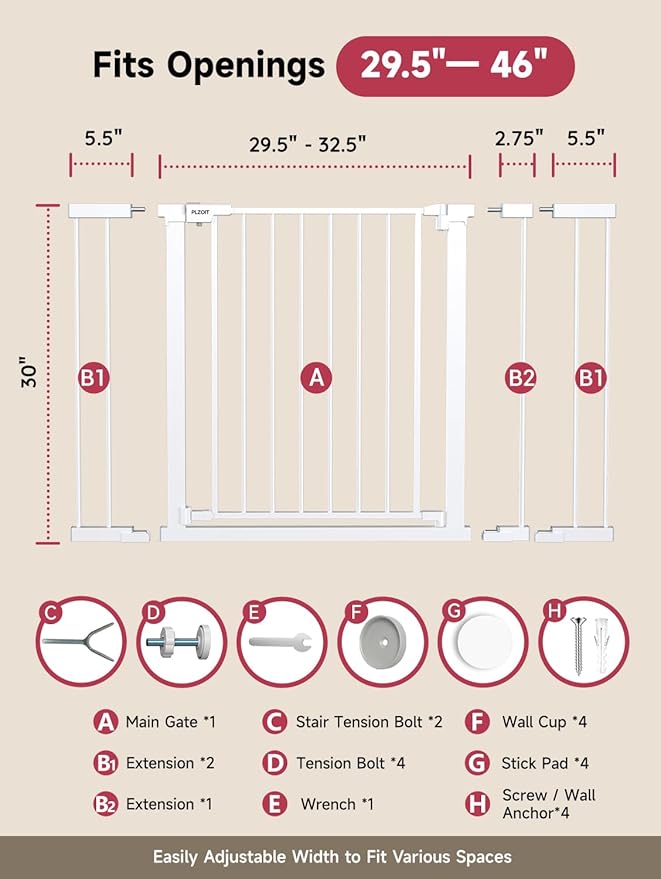 Baby Gate for Stairs, 30'' Tall 29.5-46" Extra Wide Dog Gate for Stairs Walk Thru Auto Close Metal Pet Gate for The House, Stairs and Doorways Child Gate Pressure Mounted Safety Gate Indoor - White