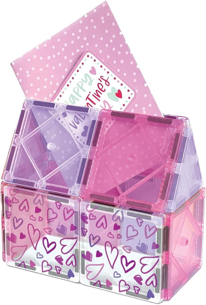 CreateOn Crayola Magnetic Tiles, Building Set for Kids, Magnetic Blocks, Travel Toys, Classroom Sensory Toys, STEM & Montessori Tools for Boys & Girls Ages 3+, 14-Piece Set (Valentines Day)