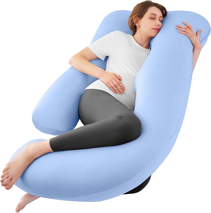 Sasttie Pregnancy Pillows for Sleeping, U Shaped Cooling Full Body Pillow with Removable Cover, Pregnant Women Must Haves, Maternity Essential, Light Blue