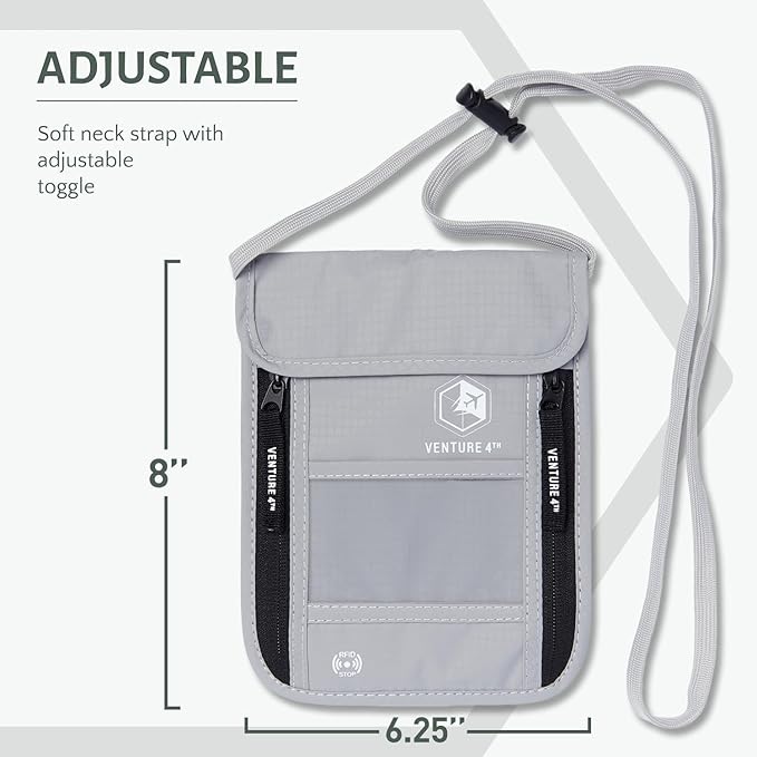 VENTURE 4TH Passport Holder Neck Wallet with RFID Blocking Nylon Lining - Hidden Neck Pouch for Travel (Silver)