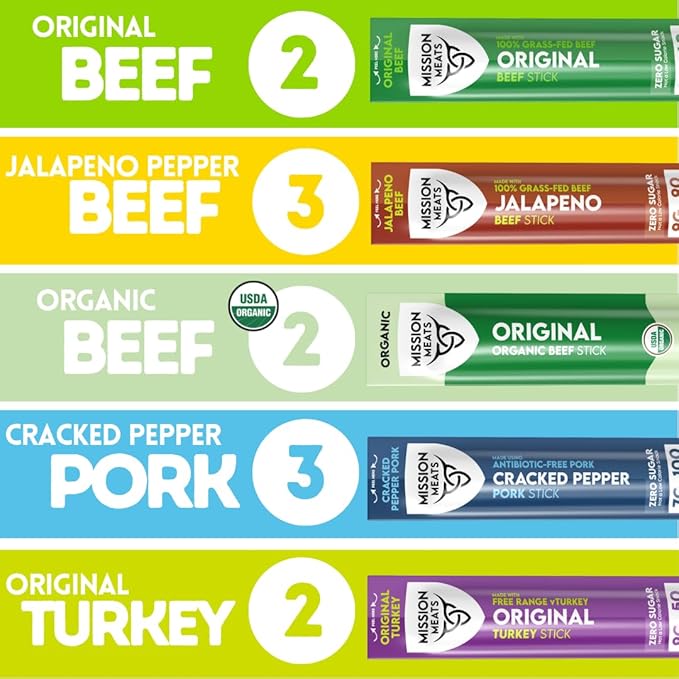 Mission Meats Variety Pack with Certified Organic Beef, Grass Fed, Free Range Turkey, and Cracked Pepper Pork – Gluten & Sugar Free, Whole 30 & Paleo Friendly, Delicious and Family Friendly (12 Count)