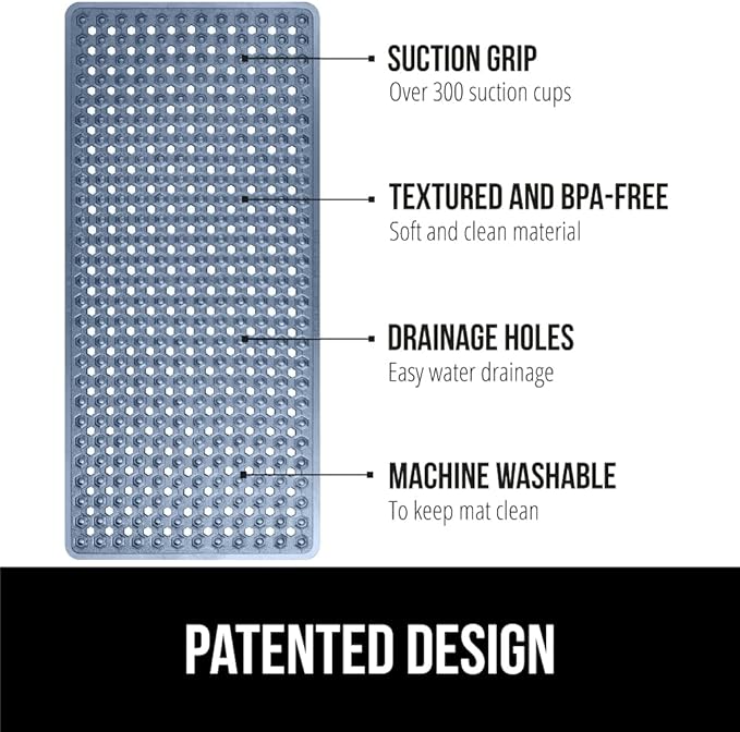 GORILLA GRIP Patented Bath Tub Shower Mat, Machine Washable Bathtub Floor Liner Mats, Suction Cups and Drain Holes to Keep Tubs Clean, Soft on Feet, Bathroom Essentials, 35x16 Inch, Clear Navy