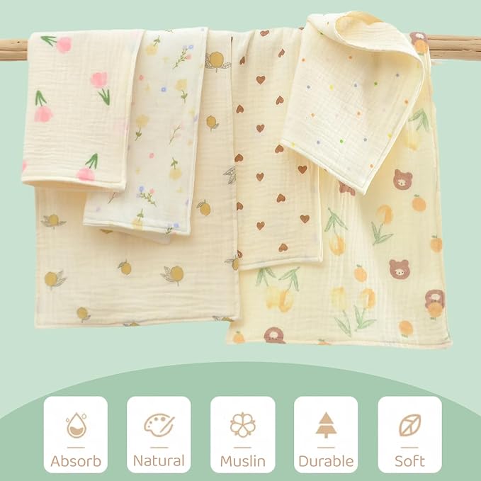 MUKIN Baby Muslin Washcloths and Burp Cloths, Floral Pattern Cotton Face Towels, Burping Cloths for Newborn,6-Pack,10x20 inches