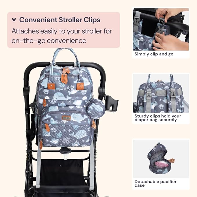 BabbleRoo Diaper Bag Backpack - Baby Essentials Travel Tote - Multi Function Waterproof Diaper Bag, Travel Essentials Baby Bag with Changing Pad, Stroller Straps & Pacifier Case - Unisex, Sea Animals