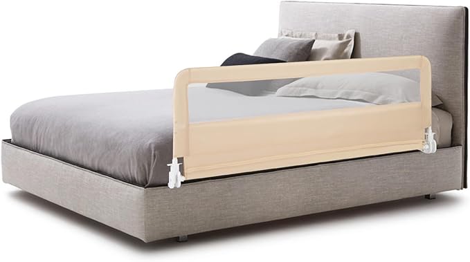 HONEY JOY Bed Rail for Toddlers, 59-in Extra Long, Portable Safety Bed Guardrail w/Double Safety Child Lock, Foldable Baby Bed Rail Guard, Fit King & Queen Full Twin Size Bed Mattress (1 Pack, Beige)