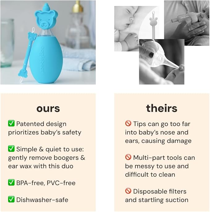 oogiebear BearPair FSA/HSA Eligible Silicone Bulb Baby Nasal Aspirator and Ear & Nose Syringe, Safely Sucks Snot and Removes Mucus, Cleanable and Reusable, Blue