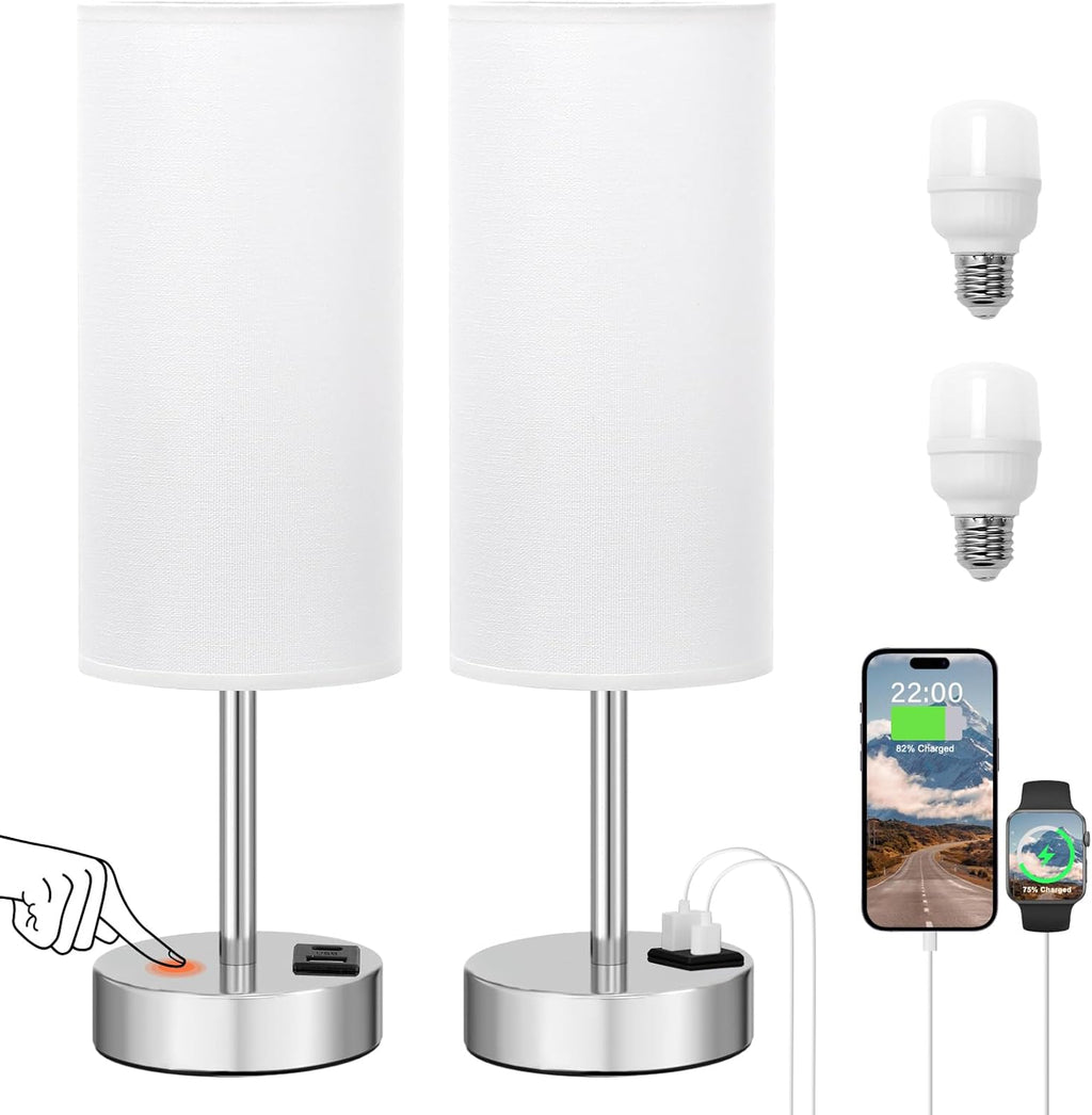 Bedside Table Lamps for Bedroom Set of 2 - Touch Lamp for Nightstand with USB-A+C Charging Ports - 3 Way Dimmable Small Desk Lamp White for Office, Dorm Room, Living Room, Reading, Nursery