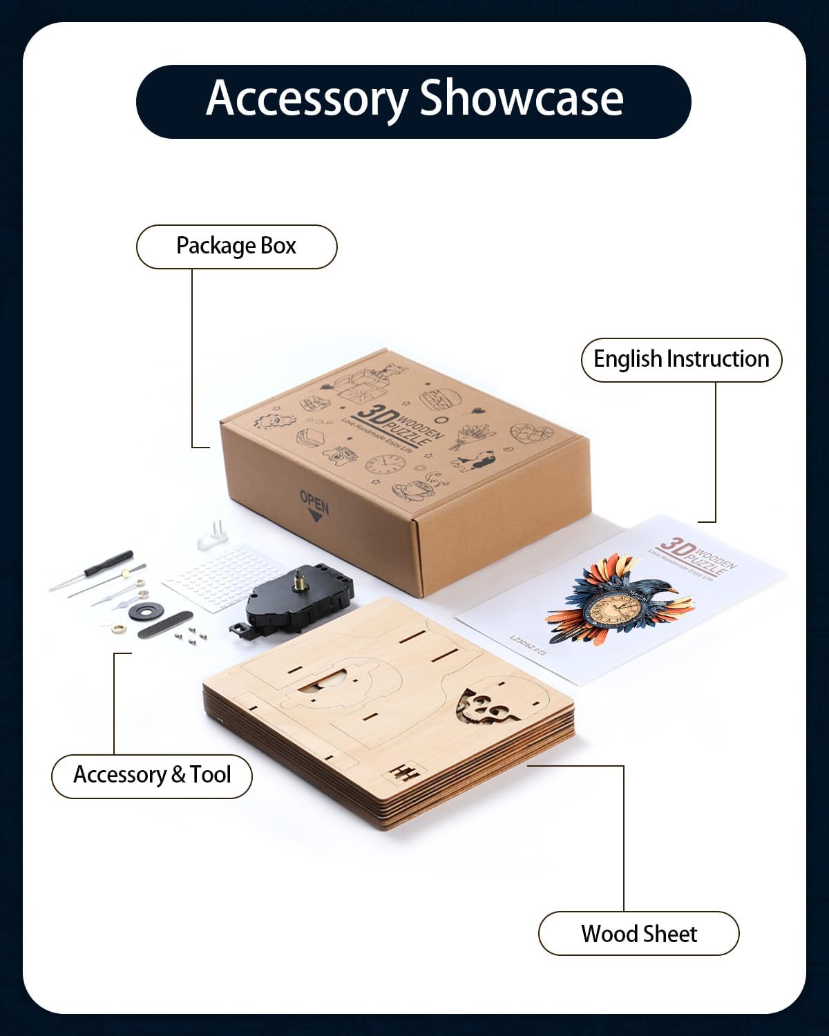 3D Wooden Puzzles for Adults,3D Puzzles for Adults Raven DIY Wall Clock Kit with Pendulum, 34 Pieces 3D Wooden Puzzles,Creative Gift Idea for Teens & Adults