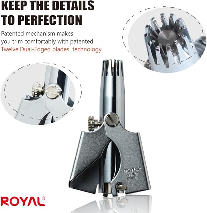ROYAL [Made in Korea] Nose Hair Trimmer for Men Set, Birdie Set, with Nail Clippers and Tweezers, Manual, Battery-Free, Waterproof, Painless with Twelve Dual-Edged Blades, Patented Mechanism RET-4