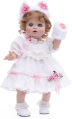 Baby Doll, 18 Inch Realistic Reborn Toddler Real Life Baby Dolls with White Lace Dress, Magnetic Cat Nose, Fluffy Paw Mitten & Tail, Premium Collectible Gift for 3+ Year Old Girls