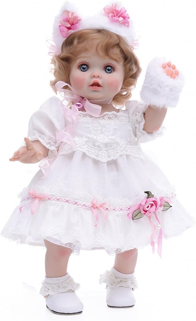 Baby Doll, 18 Inch Realistic Reborn Toddler Real Life Baby Dolls with White Lace Dress, Magnetic Cat Nose, Fluffy Paw Mitten & Tail, Premium Collectible Gift for 3+ Year Old Girls