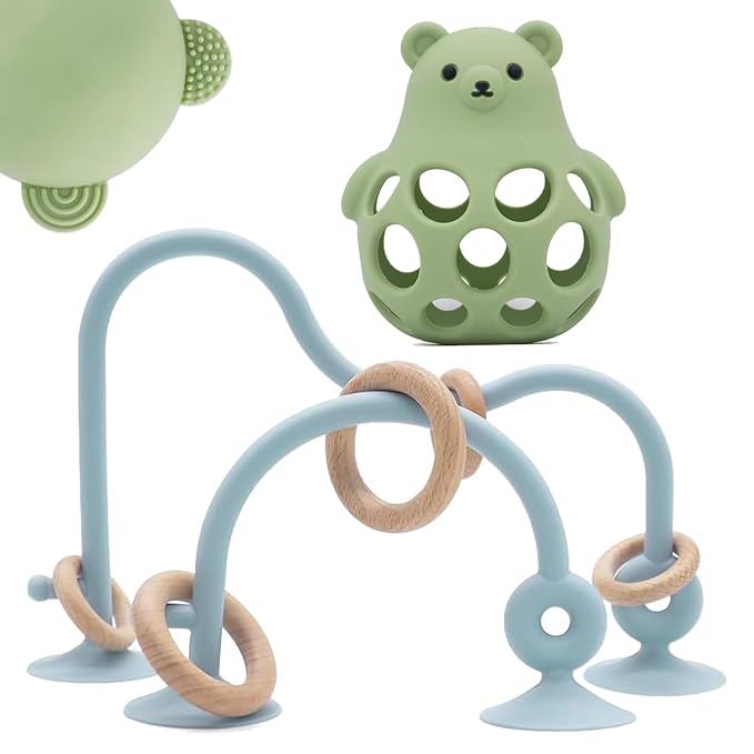 Baby High Chair Suction Toys Teething Chew - Baby Table Toys, Teething Toys Silicone Teethers, Food Grade Silicon for 6 12 18 Months (Green Blue)