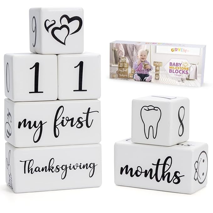 Baby Monthly Milestone Blocks for Boy or Girl, Milestones Age Photo Block Set for Baby Shower, Pregnancy Countdown, 7 Pcs
