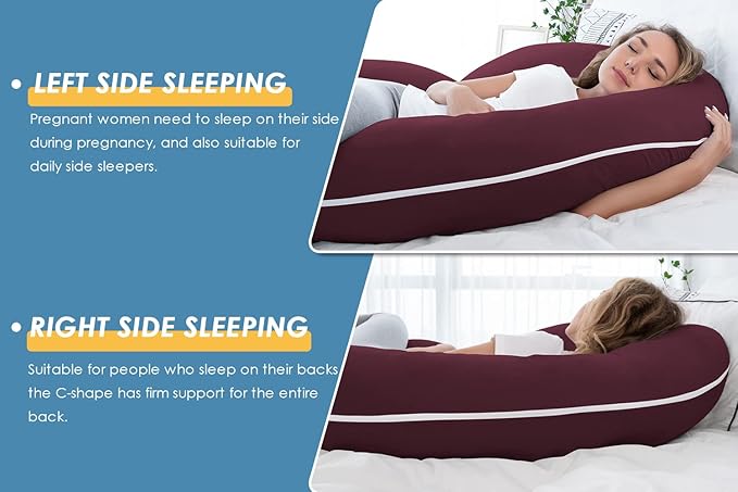 INSEN Pregnancy Pillow, Maternity Body Pillow with Velvet Cover, C Shaped for Side Sleeping (Cooling Tencel-Red Plum)