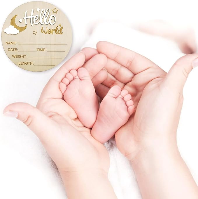 Baby Announcement Sign, 5.9 Inch Wooden Hello World Newborn Signs, Birth Announcement Sign and Pen, Moon and White Cloud Decoration, Welcome Newborn Arrival to World, Hospital Nursery for baby (White)