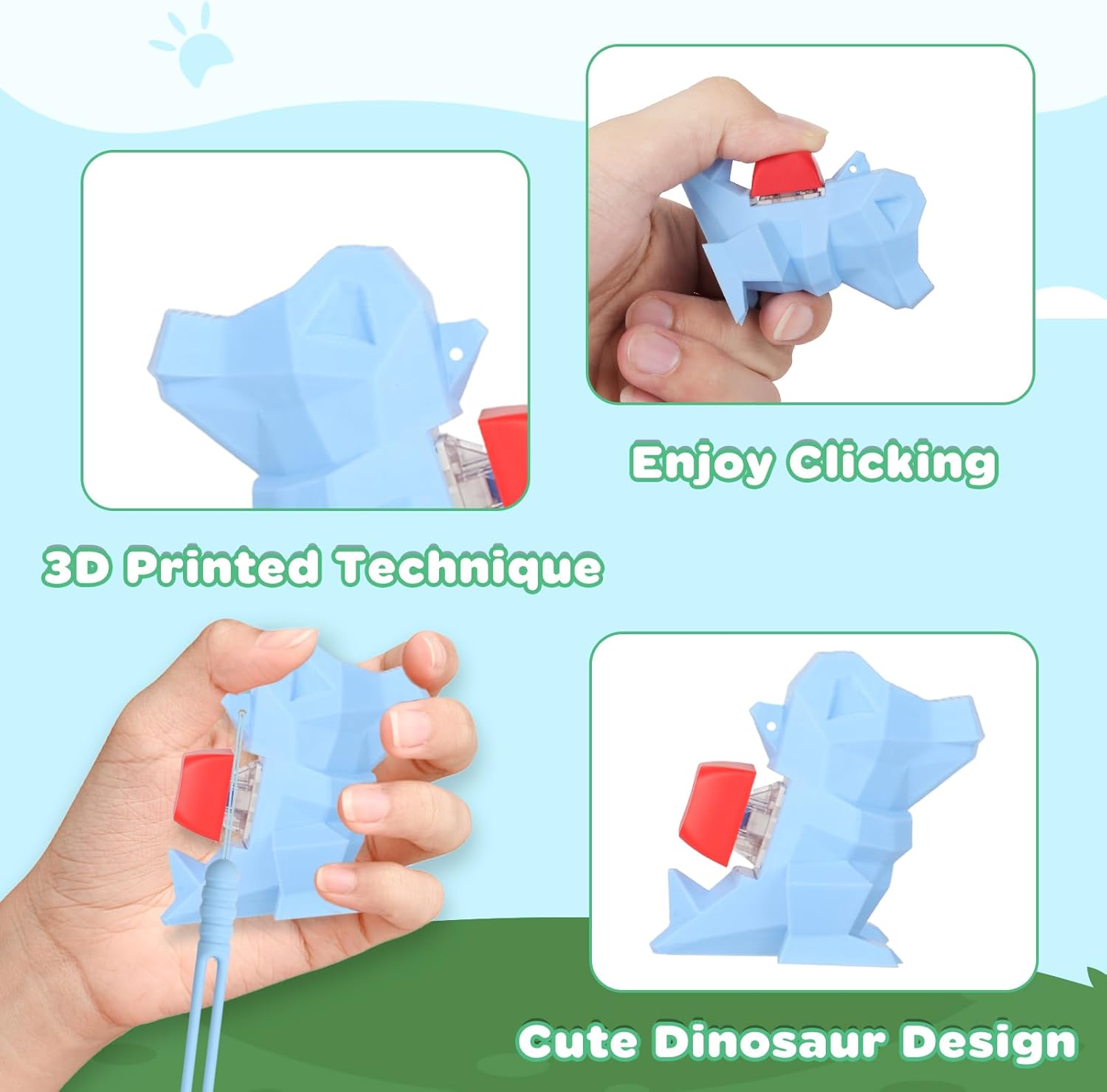 3D Printed Dinosaur Keyboard Fidget Toy for Adults Clicker Keychain Sensory Toys for Anxiety Stress Relief (Blue Dinosaur)