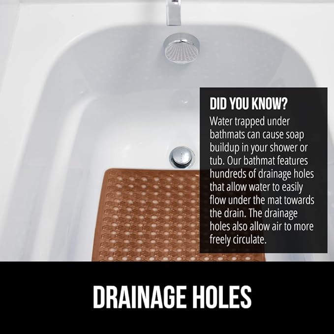 GORILLA GRIP Patented Bath Tub Shower Mat, Machine Washable Bathtub Floor Liner Mats, Suction Cups and Drain Holes to Keep Tubs Clean, Soft on Feet, Bathroom Essentials, 35x16 Inch, Brown