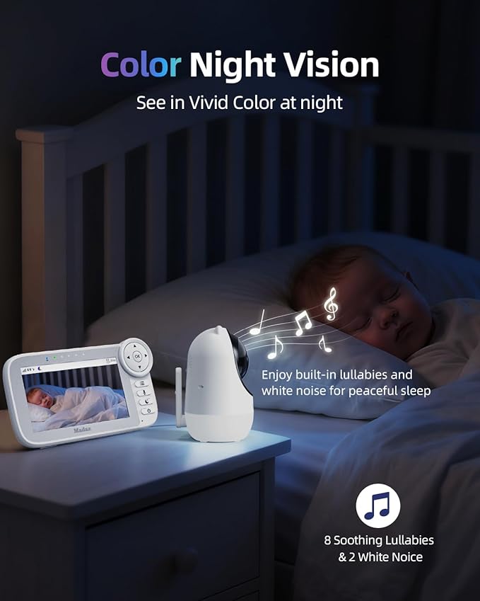 Madaz No WiFi Baby Monitor with Color Night Vision, 5" HD Display,1080P Pan Tilt Zoom Camera, Lullabies, Temperature Sensor, 2-Way Talk, 1000ft Range + Duck Night Light