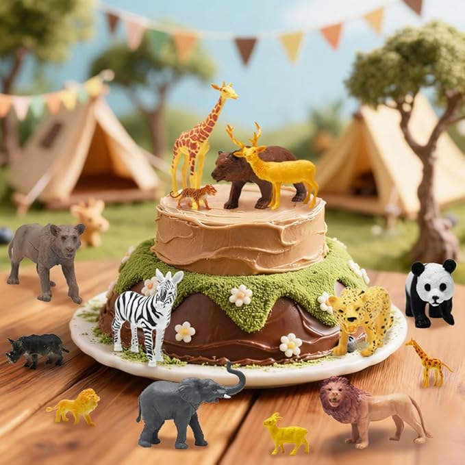 24Pcs Safari & Zoo Animals Figures, Realistic Plastic Animal Toys Set for Kids 1 2 3, Lion, Elephant, Perfect for Play, Education, Baby Shower Decor,Party Supplies Cake Topper