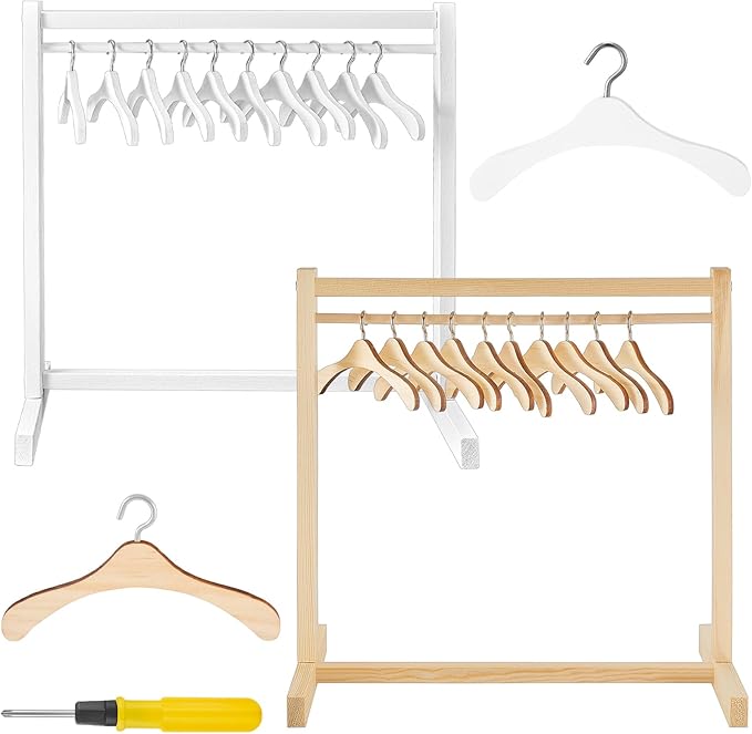 Civaner 22 Pcs Doll Garment Rack with Wooden Clothes Hanger for 18 Inch Girl Doll Clothes Mini Hangers Wardrobe Furniture Accessories for Dollhouse Baby Shower Supplies (Wood,White)