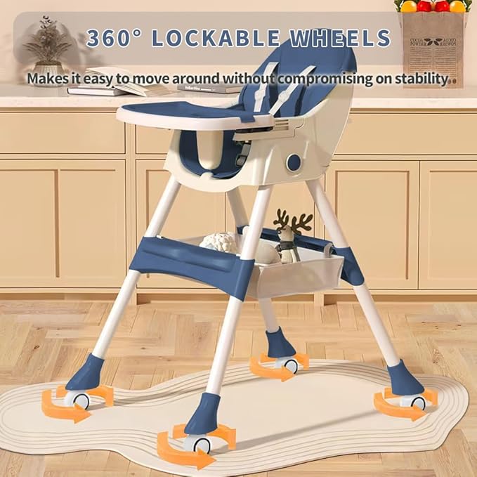 High Chairs for Babies and Toddlers, 4 in 1 Convertible Baby High Chair, Portable High Chair for Travel with Adjustable Height and Back, Foldable HighChair with Wheels& Pu Cushion