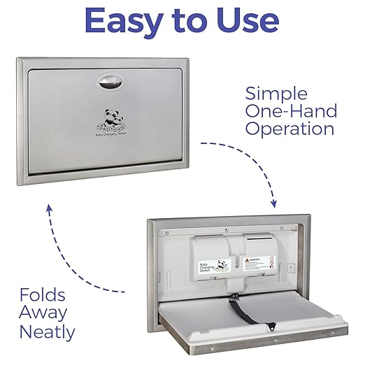 Panda Care Stainless Steel Recessed Mounted Baby Changing Station, Heavy Duty Foldable Diaper Changing Table with Liner Dispenser and Adjustable Safety Belt for Commercial and Business