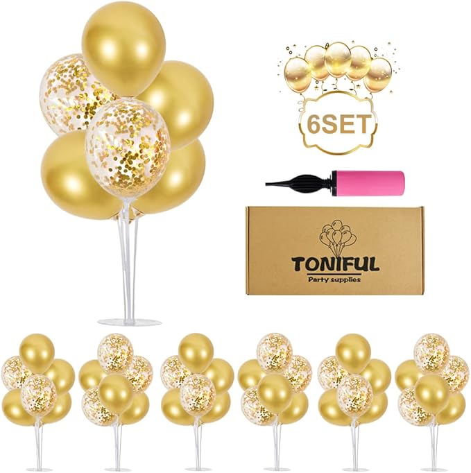 TONIFUL Inflatable Toys 6 Balloon Centerpieces with Gold Balloon Stand Kit for 2025 Graduation,Anniversary,Table Party Decorations,30th 40th 50th 60th 70th 80th Birthday Decorations New Years 2025