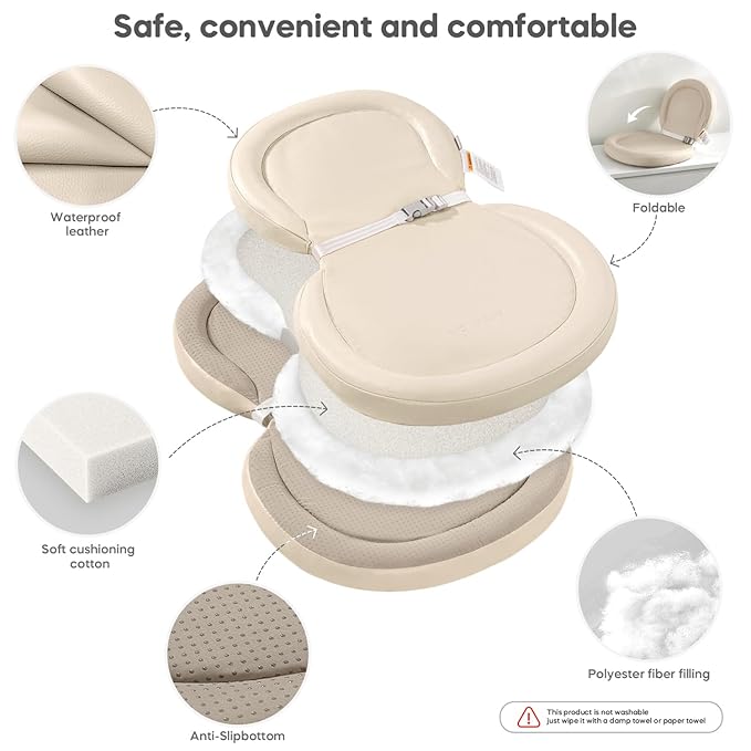 Baby Changing Pad with Waterproof & Wipe-Clean, Non-Slip Foldable PU Diaper Changing Pad, Adjustable Safety Belt, Changing Pad for Dresser, Changing Table,24"X16",Beige
