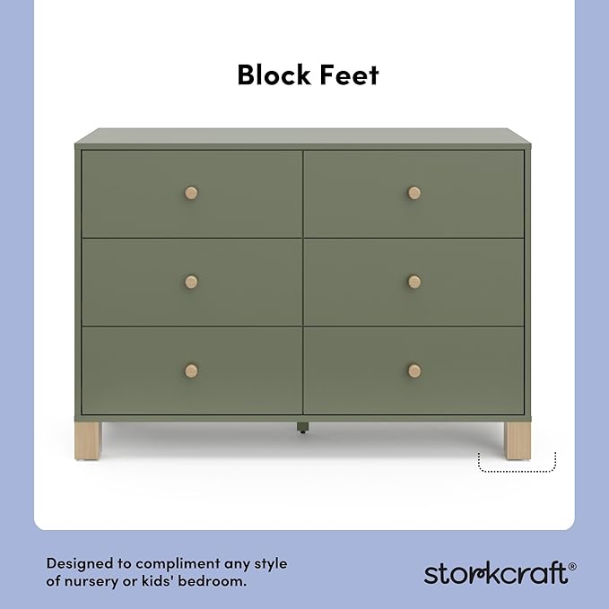 Storkcraft California 6-Drawer Double Dresser (Olive with Driftwood) - GREENGUARD Gold Certified, Interlocking Drawer System, Dresser Drawer Organizer for Kids Bedroom