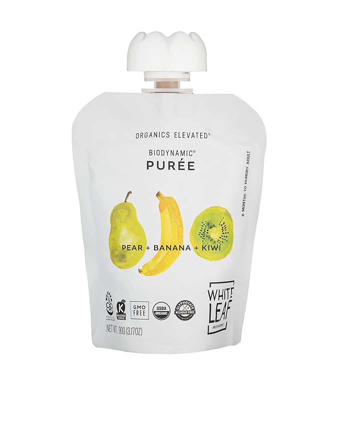 White Leaf Provisions Organic Purees / Baby Food Pouches - Fruits, Veggies & Grains, Toddler snack, Regeneratively Farmed, No Added Sugar, Non-GMO, BPA-Free Pouches 3.17 oz (Pack of 24, Pear + Banana + Kiwi)
