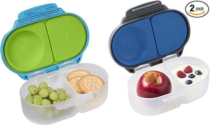 b.box Snack Box 2-Pack - Leak Proof Mini Bento Box for Kids & Toddlers, 2 Compartment Snack Containers, Dishwasher Safe, BPA-Free, PFAS-Free, Ages 4mo+, 1 3/4 Cup Each (Ocean Breeze + Blue Slate)