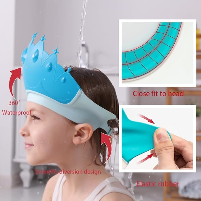 Baby Shower Cap Shield, Baby bath set shower cap, Visor Hat for Eye and Ear Protection for 0-9 Years Old Children,Cute Crown Shape Makes the Baby Bath More Fun (Blue)