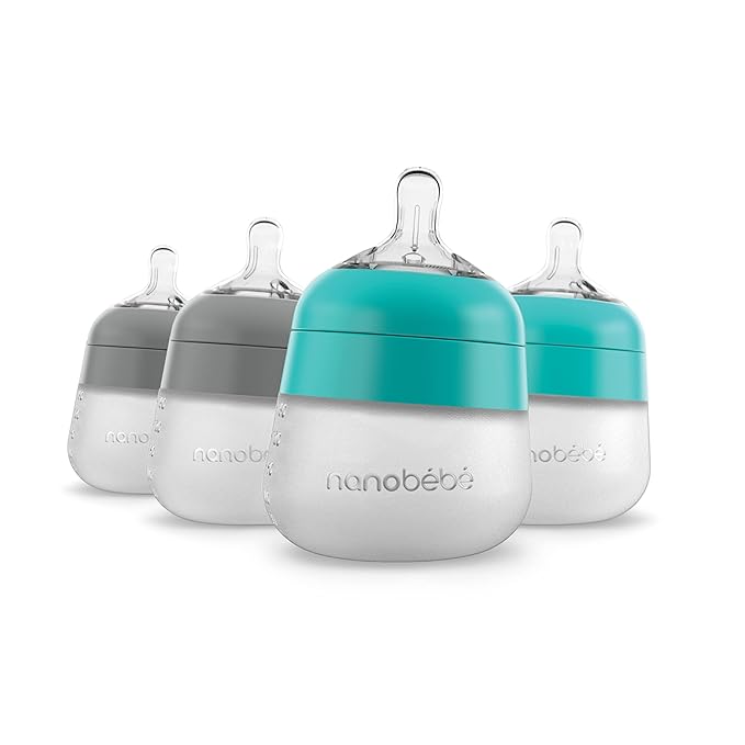 Nanobebe Flexy Silicone Baby Bottle, Anti-Colic, Natural Feel, Non-Collapsing Nipple, Non-Tip Stable Base, Easy to Clean 4-Pack, Grey/Teal, 5 oz