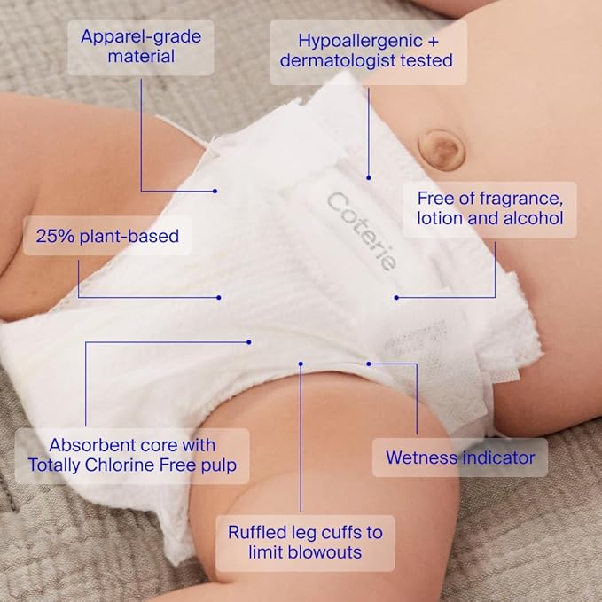 Coterie Baby Wipes + Diapers Kit, Size 2 Diapers (186 Count) & 12 Pack (672 Count) Baby Wipes with 99% Water, Plant Based Materials, Hypoallergenic for Sensitive Skin