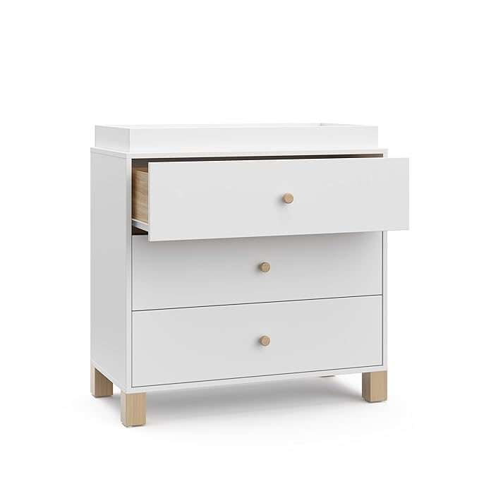 Storkcraft California 3-Drawer Chest with Removable Changing Topper (White with Driftwood) – GREENGUARD Gold Certified, Interlocking Drawer System, Pre-Installed Tracks, Easy Assembly