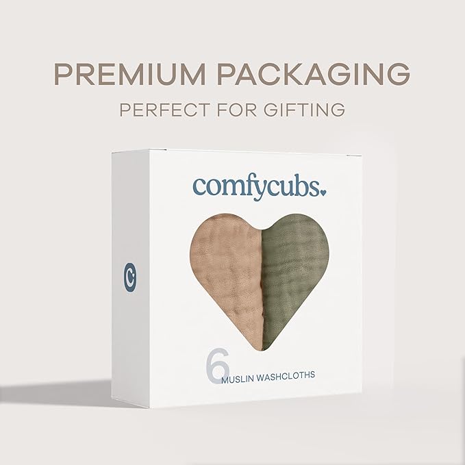 Comfy Cubs Muslin Baby Washcloths 6 Pack - Soft 6-Layer Cotton Wash Cloths for Sensitive Skin - 10"x10" Large, Gentle, Absorbent Infant Essentials for Newborn and Toddlers - Multicolor