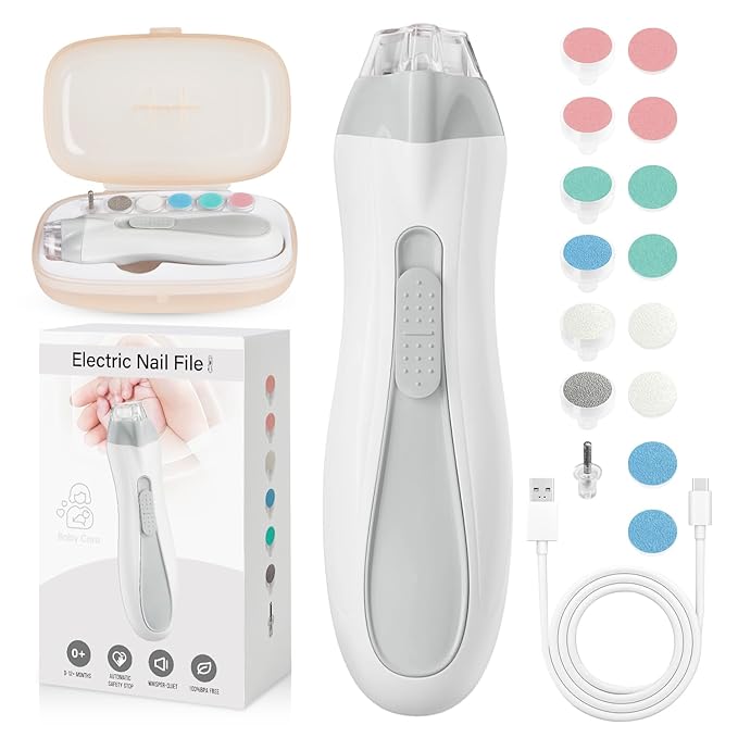 Baby Nail Trimmer Electric, 15 in 1 Baby Nail Clippers for Gentle Nail Care, Rechargeable Baby Nail File Electric with Light &15 Grinding Pads for Infant Toddler, Grey