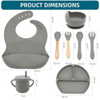 100% Silicone baby feeding set,BPA free Baby dishes set with Suction Bowl Divided Plate,Toddler Self Feeding Dish Set with Spoons Forks Sippy Cup And Bib, Baby Eating Utensils (Grey)