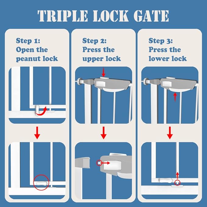 DEARBB Triple Lock Baby Gate for Stairs Doorways and House 31" to 86" Extra Wide Pressure Mounted Easy Walk Through Auto Close Safety Pet Gate White 67.32-76.77"