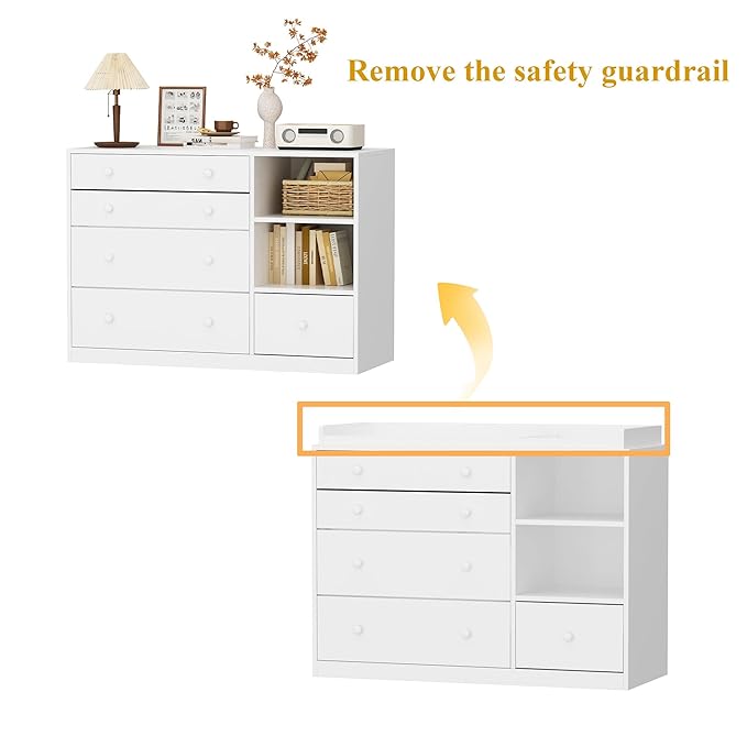 Lovinouse 47" Baby Nursery Dreser Diaper Changing Table Furniture with 5 Drawers and 2 Shelves, Dresser for Baby Nursery with Storage & Removable Changing Top Station,Bedroom,Children's Room, White