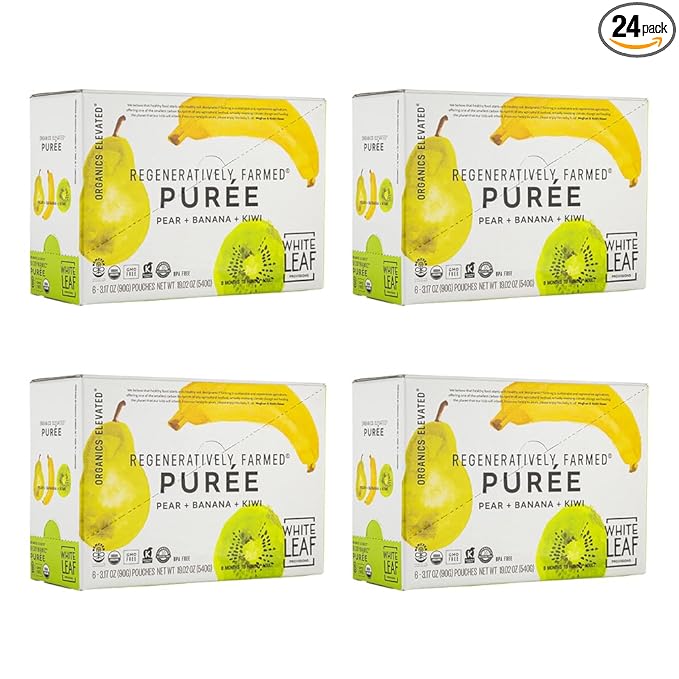 White Leaf Provisions Organic Purees / Baby Food Pouches - Fruits, Veggies & Grains, Toddler snack, Regeneratively Farmed, No Added Sugar, Non-GMO, BPA-Free Pouches 3.17 oz (Pack of 24, Pear + Banana + Kiwi)