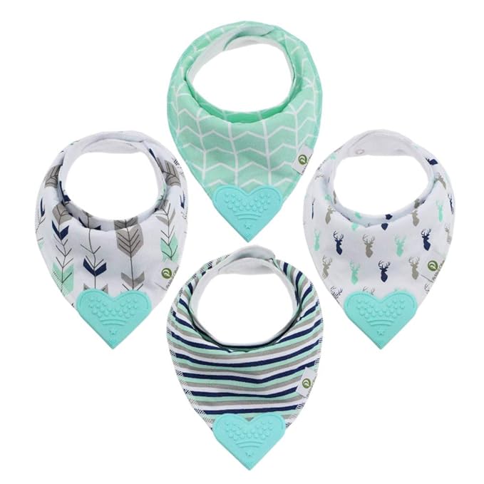 Pickle & Olive Baby Bandana Teething Bibs with Attached Silicone Teether, Set Of 4 - Blue Deer