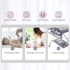 Baby Changing Table Portable Folding Diaper Changing Station with Wheels, Adjustable Height Mobile Nursery Organizer with Safety Belt and Large Storage Racks for Newborn Baby and Infant, Gray