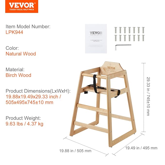 VEVOR Wooden High Chair for Babies & Toddlers, Double Solid Wood Feeding Chair, Eat & Grow Portable High Chair, Easy to Clean Baby Booster Seat, Compact Toddler Chair, Natural
