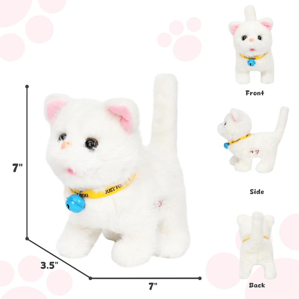 Easfan 7" Walking Plush Kitty Toy Stuffed Animal Electric Interactive Talking Musical Plush Toy White Cat Tail Wagging Birthday Gifts for Kids Toddlers